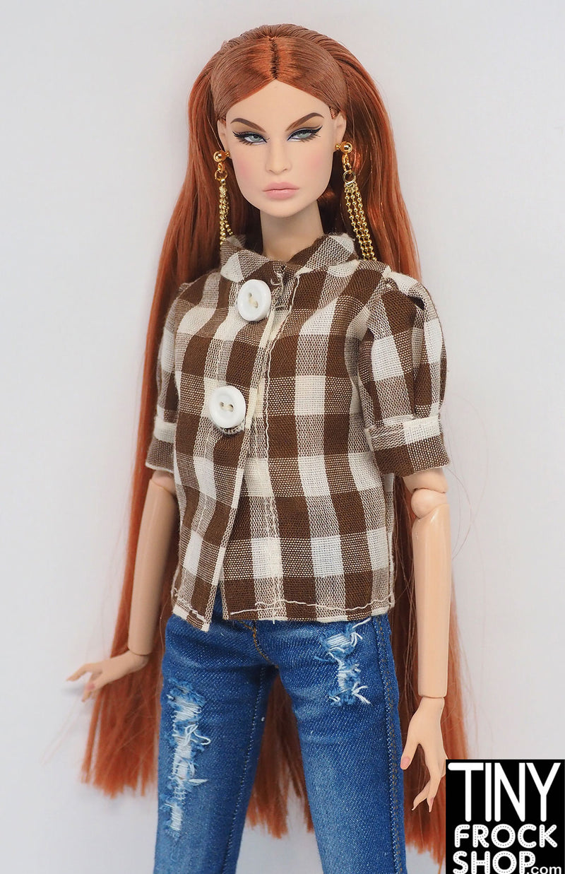 12" Fashion Doll Brown Gingham Puff Sleeve Button Up Vintage Top