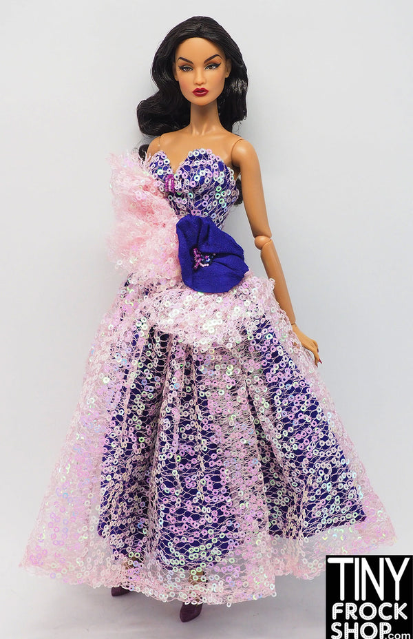 12" Fashion Doll Iridescent Pink Mini Sequin and Purple Ball Gown