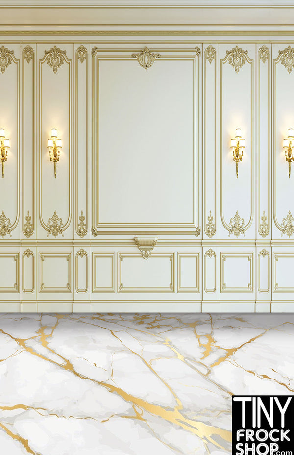 A-424 12" Fashion Doll Photography Backdrop - Wide - Gold Marble Room