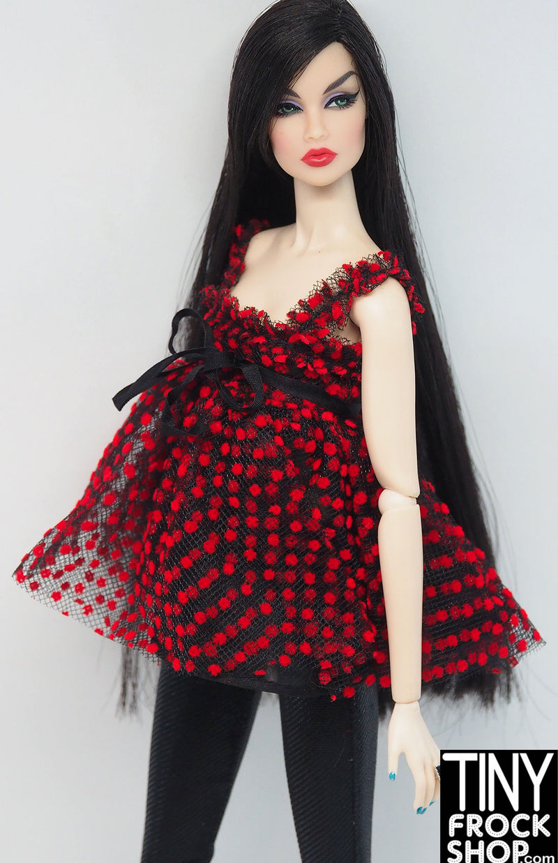 Integrity A Fashionable Legacy Violaine Perrin Red and Black Flocked Dot Babydoll Dress