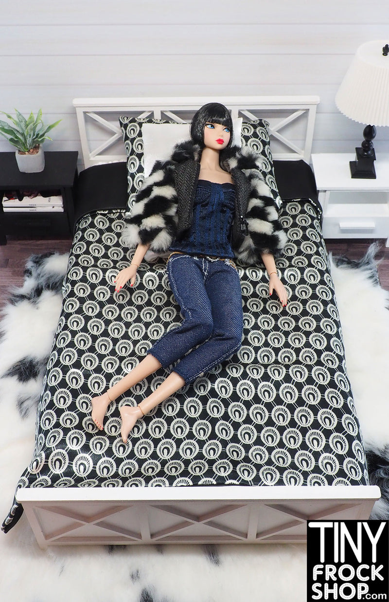 12" Fashion Doll Black and White Satin Print Bedding Set by Dress that Doll