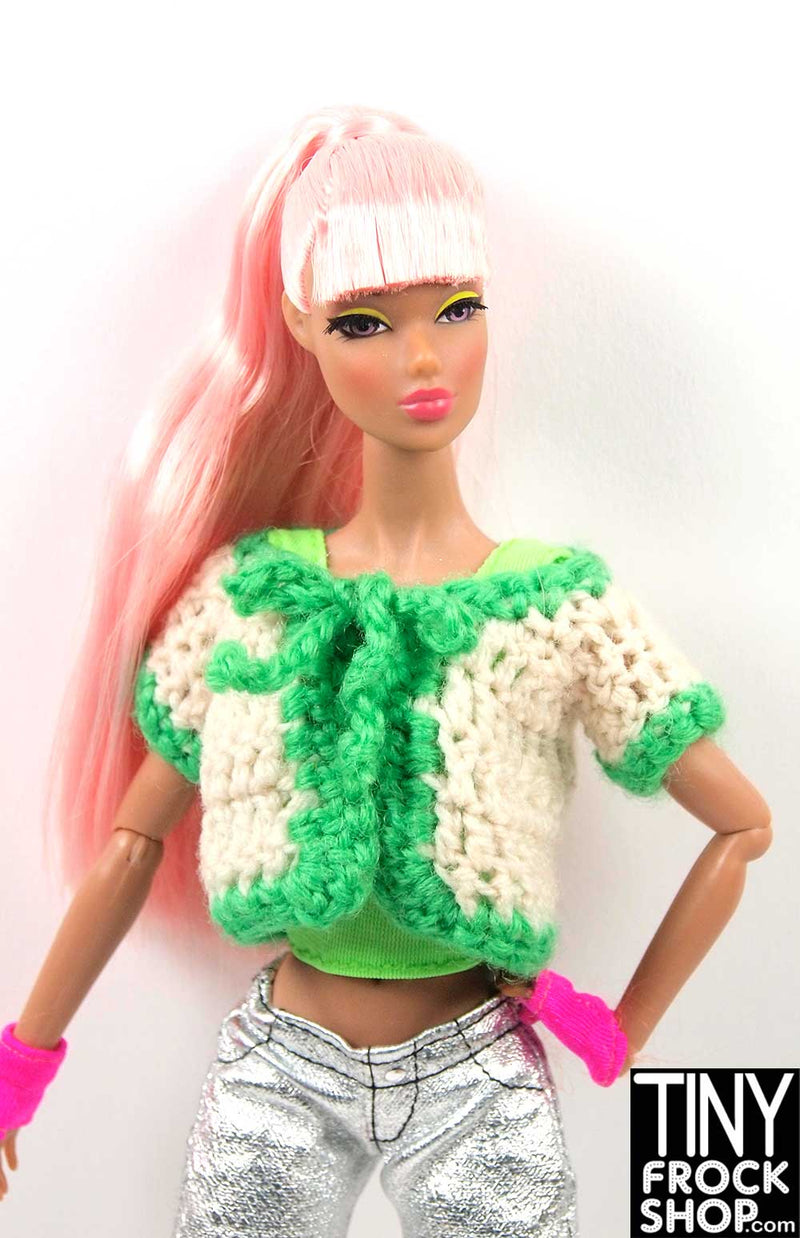 Barbie Cream And Green Handknit Tie front Sweater - TinyFrockShop.com
