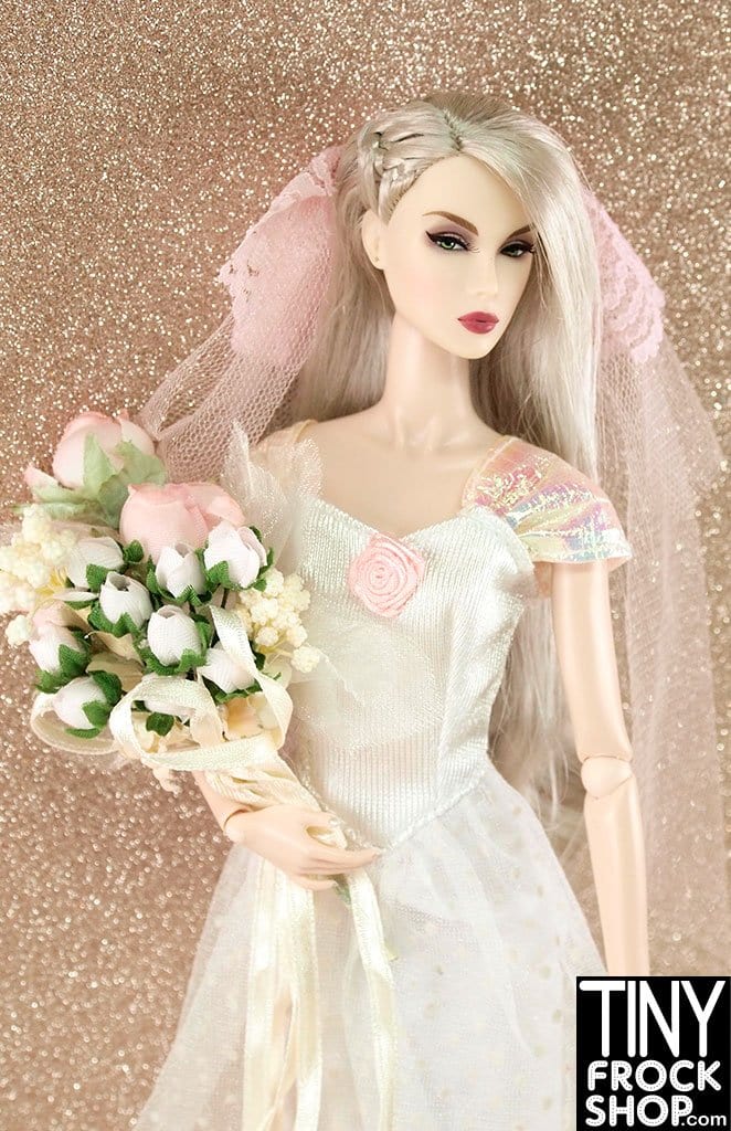 12" Fashion Doll Iridescent Sleeve And Rose Wedding Dress With Pink Veil