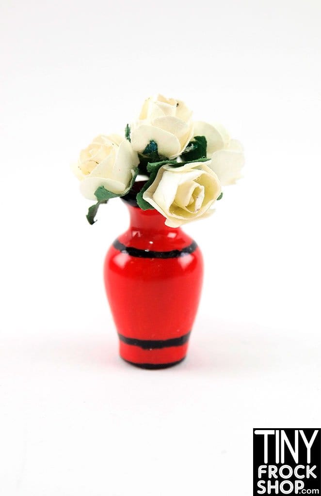 12" Fashion Doll Red Striped Glossy Vase With Cream Flowers by Ginger Baldwin