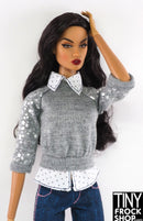 12" Fashion Doll Micro Dot Attached Shirt Under Grey Sweatshirt Top
