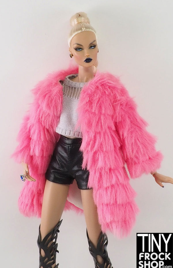 12" Fashion Doll Pink Cut Faux Fur Coat
