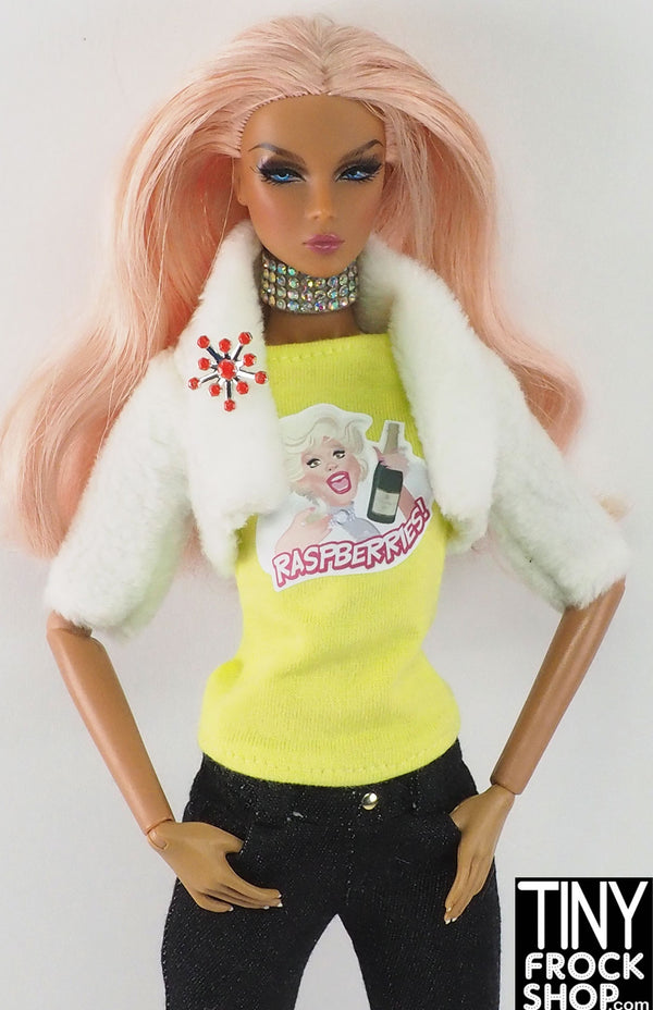 12" Fashion Doll White Faux Fur Shrug Jacket with Pin