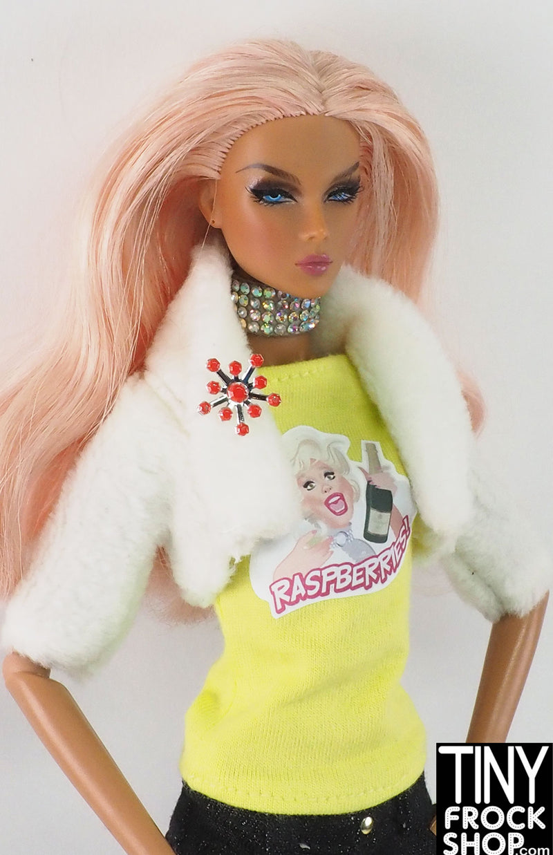 12" Fashion Doll White Faux Fur Shrug Jacket with Pin