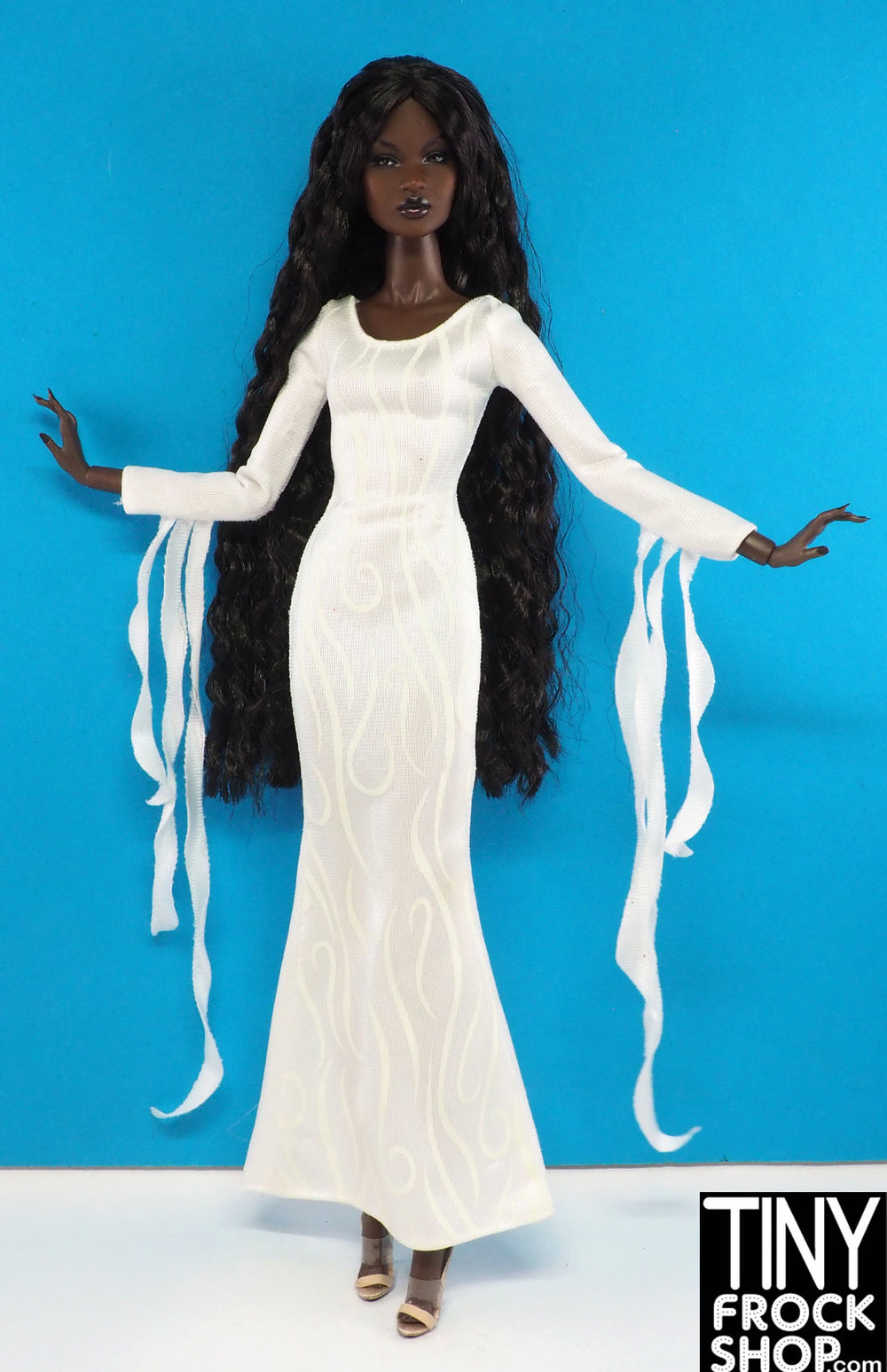 Tiny Frock Shop 12" Fashion Doll White Swirl Dress with Sleeve Fringe Tiny Frock Shop 12" Fashion Doll White Swirl Dress with Sleeve Fringe
