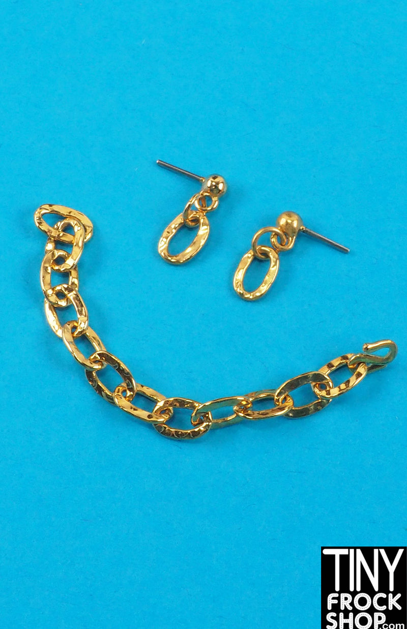 12" Fashion Doll Gold Chunky Chain Earrings and Necklace Set