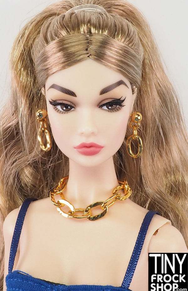 12" Fashion Doll Gold Chunky Chain Earrings and Necklace Set