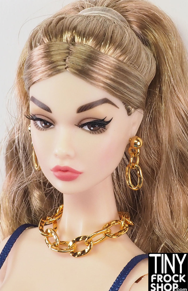 12" Fashion Doll Gold Chunky Chain Earrings and Necklace Set