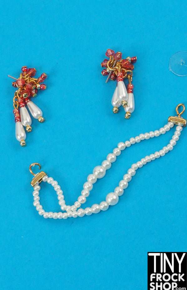 12" Fashion Doll Pearl and Coral Cluster Earrings and Necklace Set