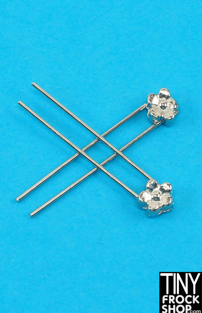 12" Fashion Doll Silver Set of 2 Flower Metal Hair Pins