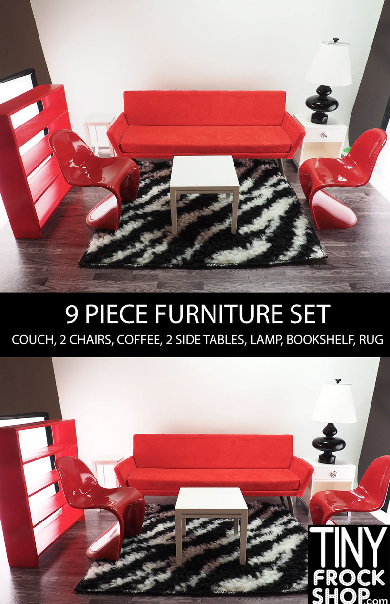 12" Fashion Doll Red and White Living Room 9 Piece Set