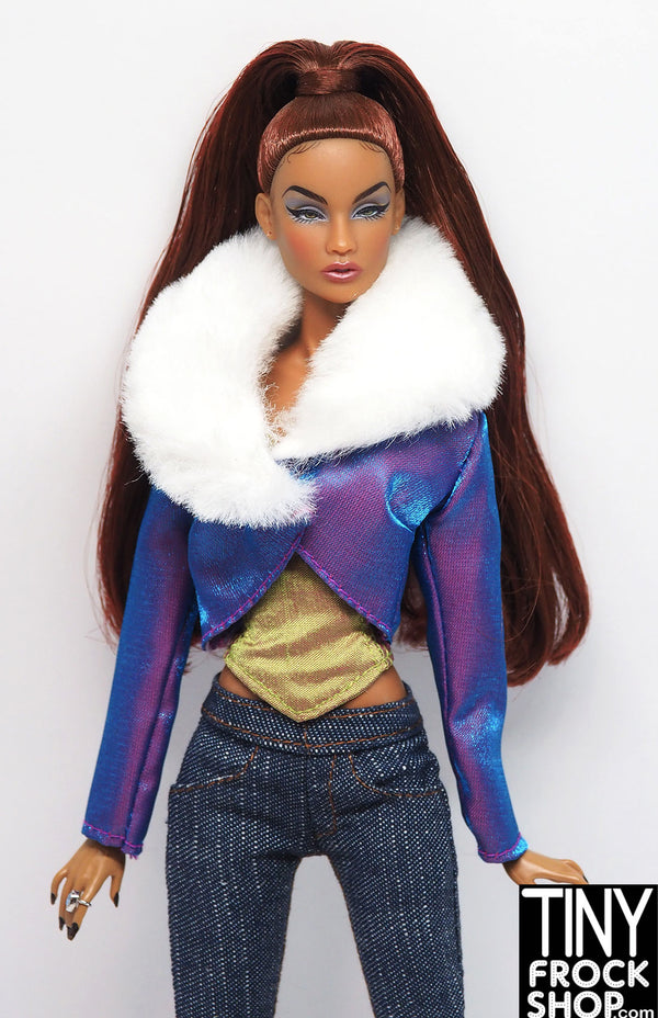 12" Fashion Doll Purple Irridescent Jacket with Faux Fur White Collar