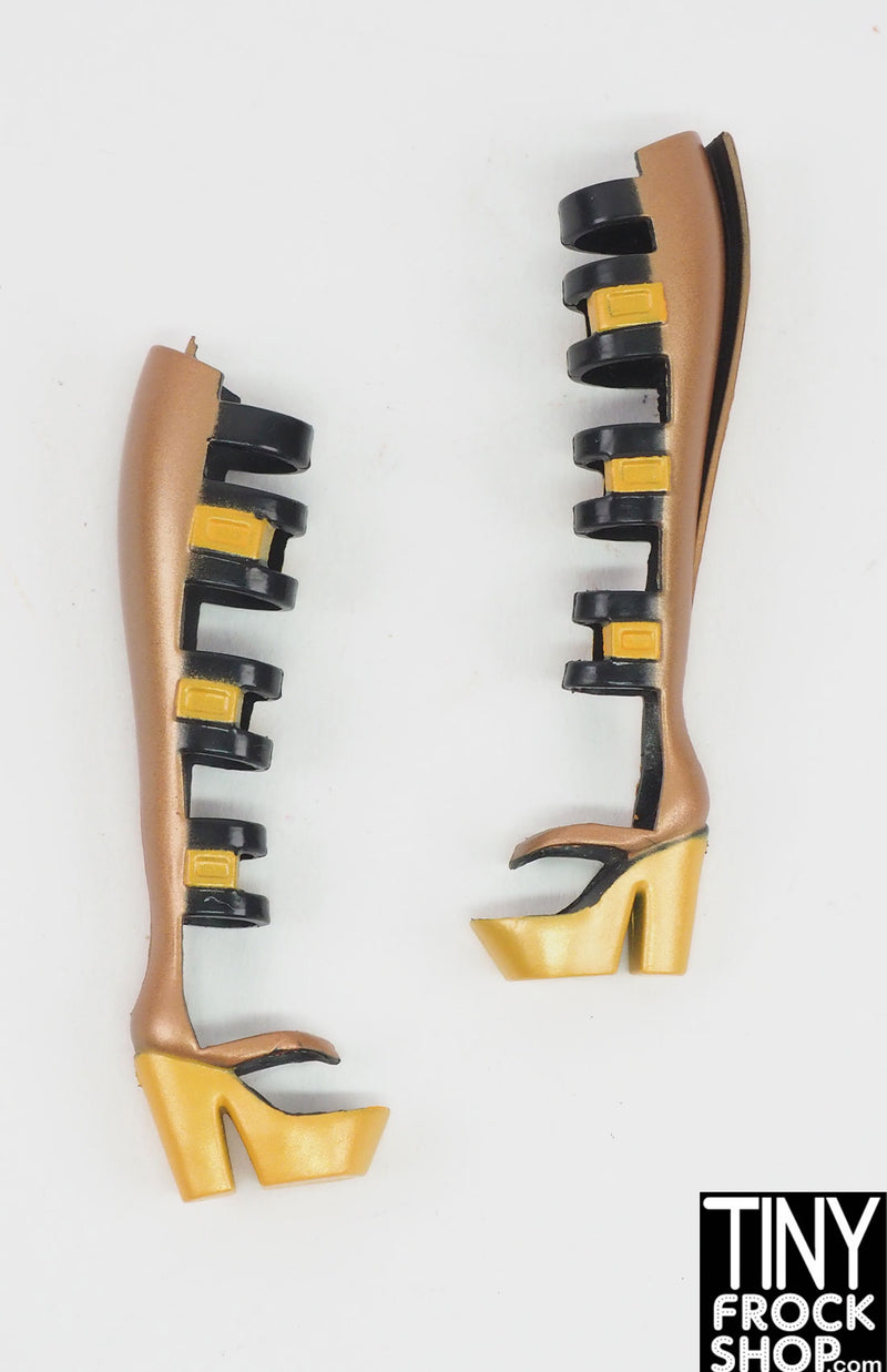 12" Fashion Doll Black and Yellow Gold Open Front Tall Boots