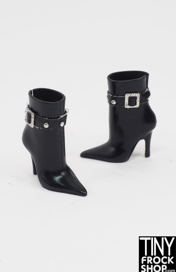 12" Fashion Doll Black Heel Boots with Fabric Belts