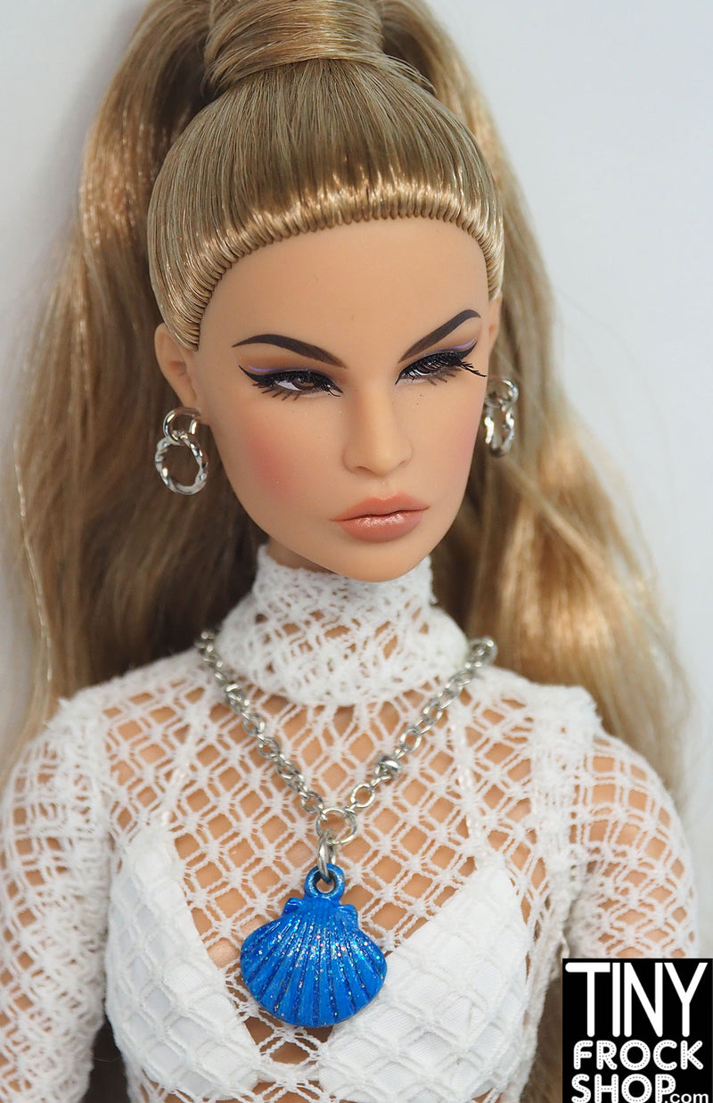 12" Fashion Doll Blue Glittering Shell Necklace with Hoop Earrings Set by Pam Maness