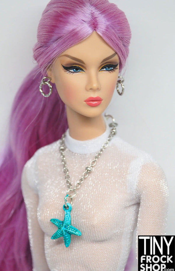 12" Fashion Doll Blue Star Fish Necklace with Silver Hoop Earring Set by Pam Maness