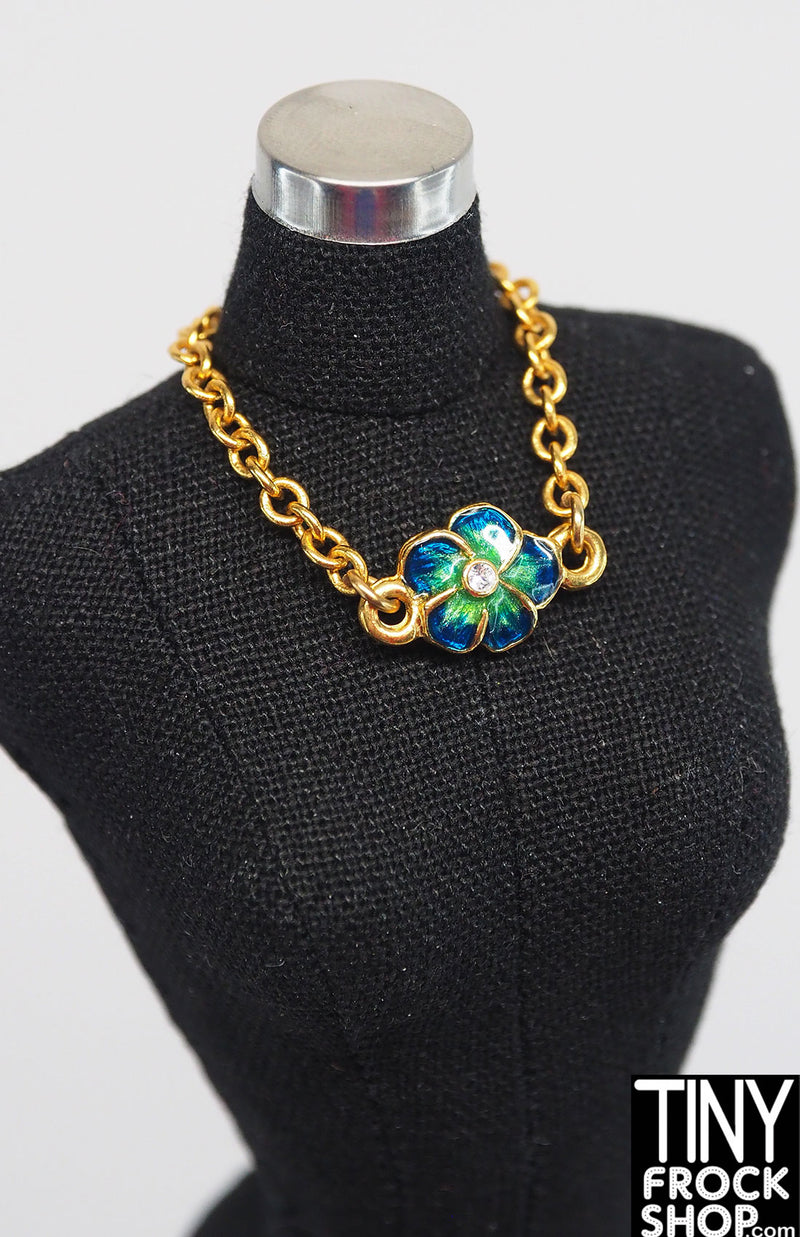 12" Fashion Doll Enamel Blue and Gold Flower Necklace by Pam Maness