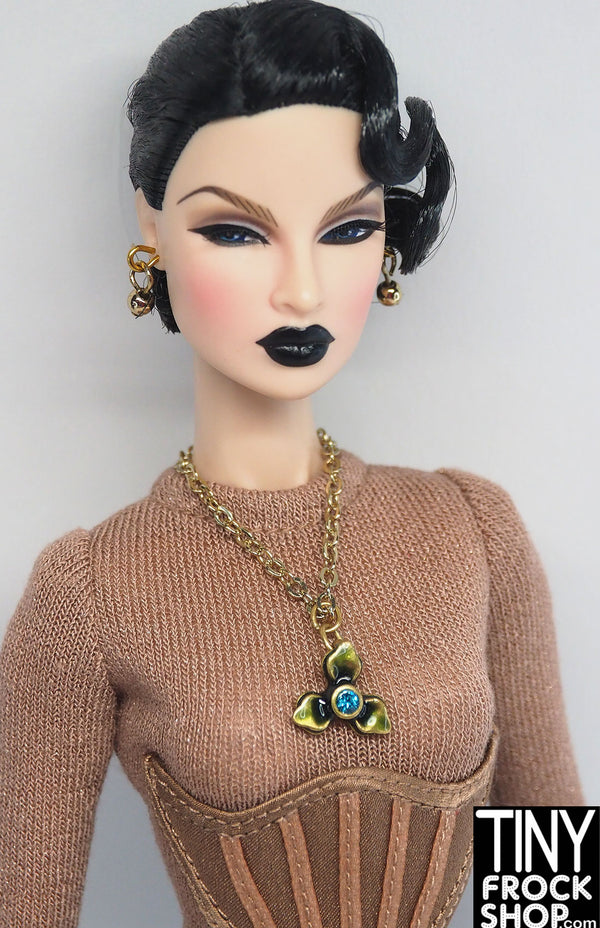 12" Fashion Doll Gold Three Petal Flower Necklace with Earrings Set by Pam Maness