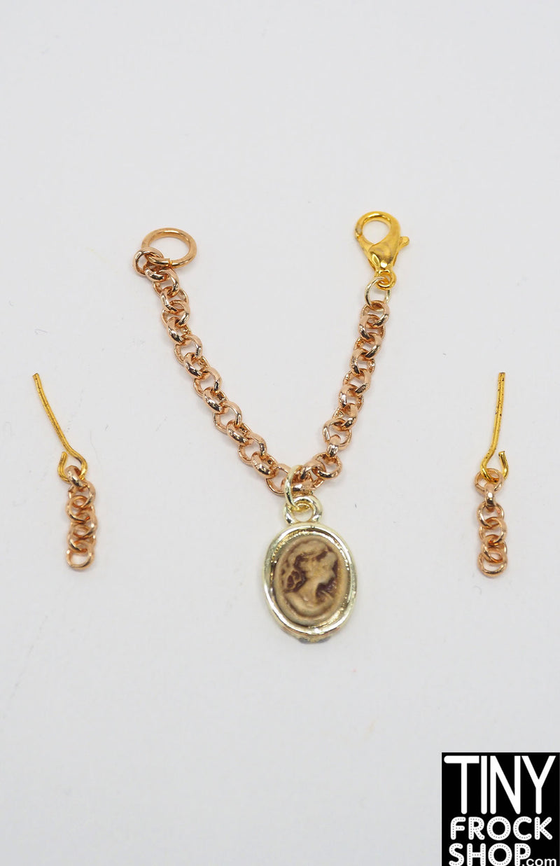 12" Fashion Doll Metal Gold Cameo Necklace and Chain Earring Set by Pam Maness