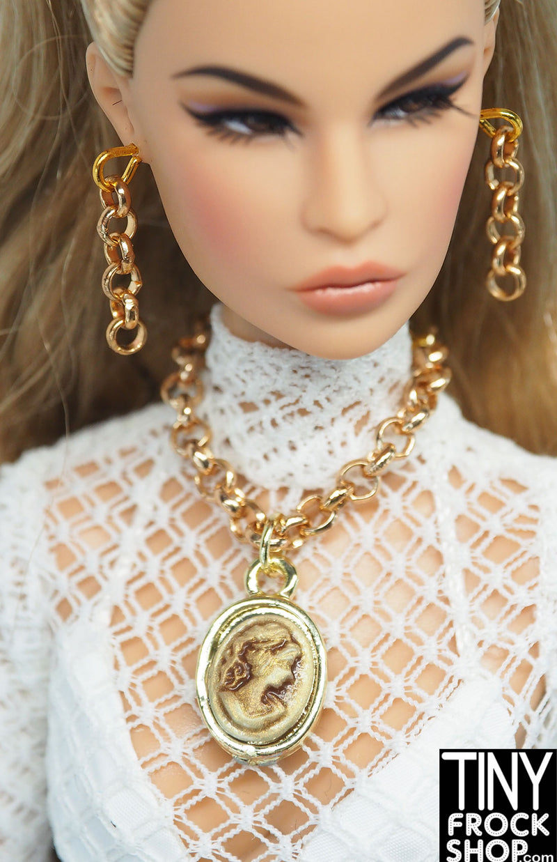 12" Fashion Doll Metal Gold Cameo Necklace and Chain Earring Set by Pam Maness