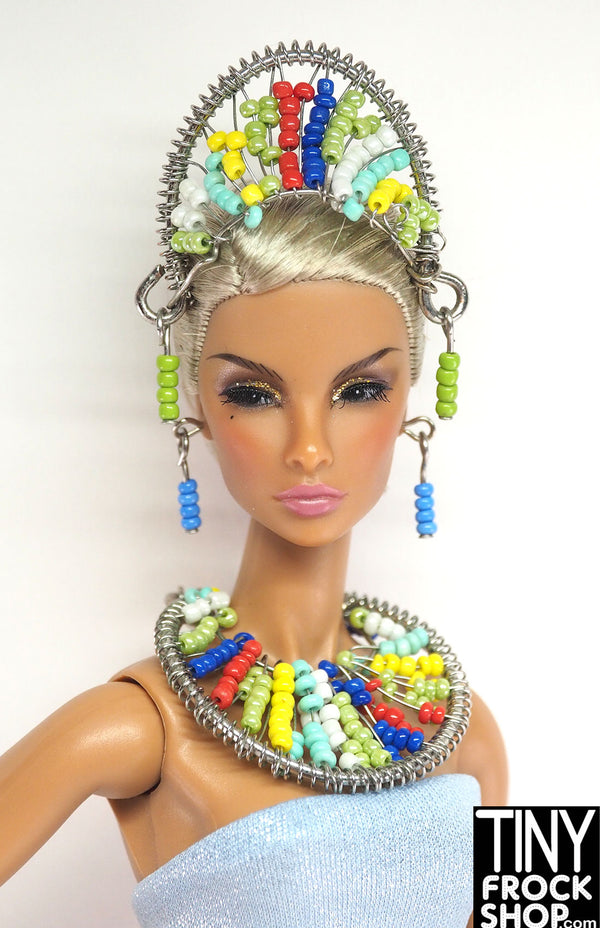 12" Fashion Doll Multi Color Bead Headpiece,Necklace and Earrings by Pam Maness