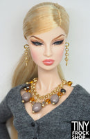 12" Fashion Doll Neutral and Amber Beaded Necklace with Chain Earrings Set by Pam Maness