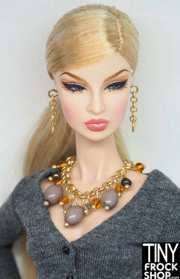 12" Fashion Doll Neutral and Amber Beaded Necklace with Chain Earrings Set by Pam Maness