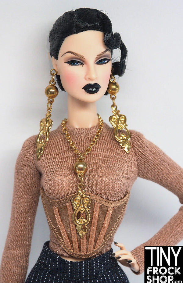 12" Fashion Doll Ornate Gold Dangling Earring and Necklace Set by Pam Maness