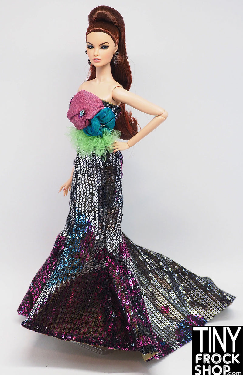 12" Fashion Doll Printed Sequin Gown with Flowers
