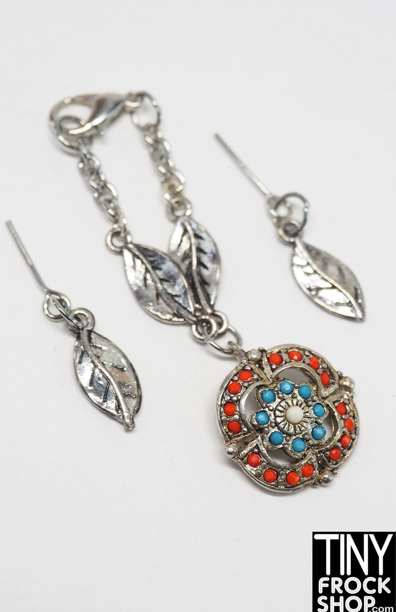 12" Fashion Doll Southwestern Silver Bead Necklace with Feather Earring Set by Pam Maness