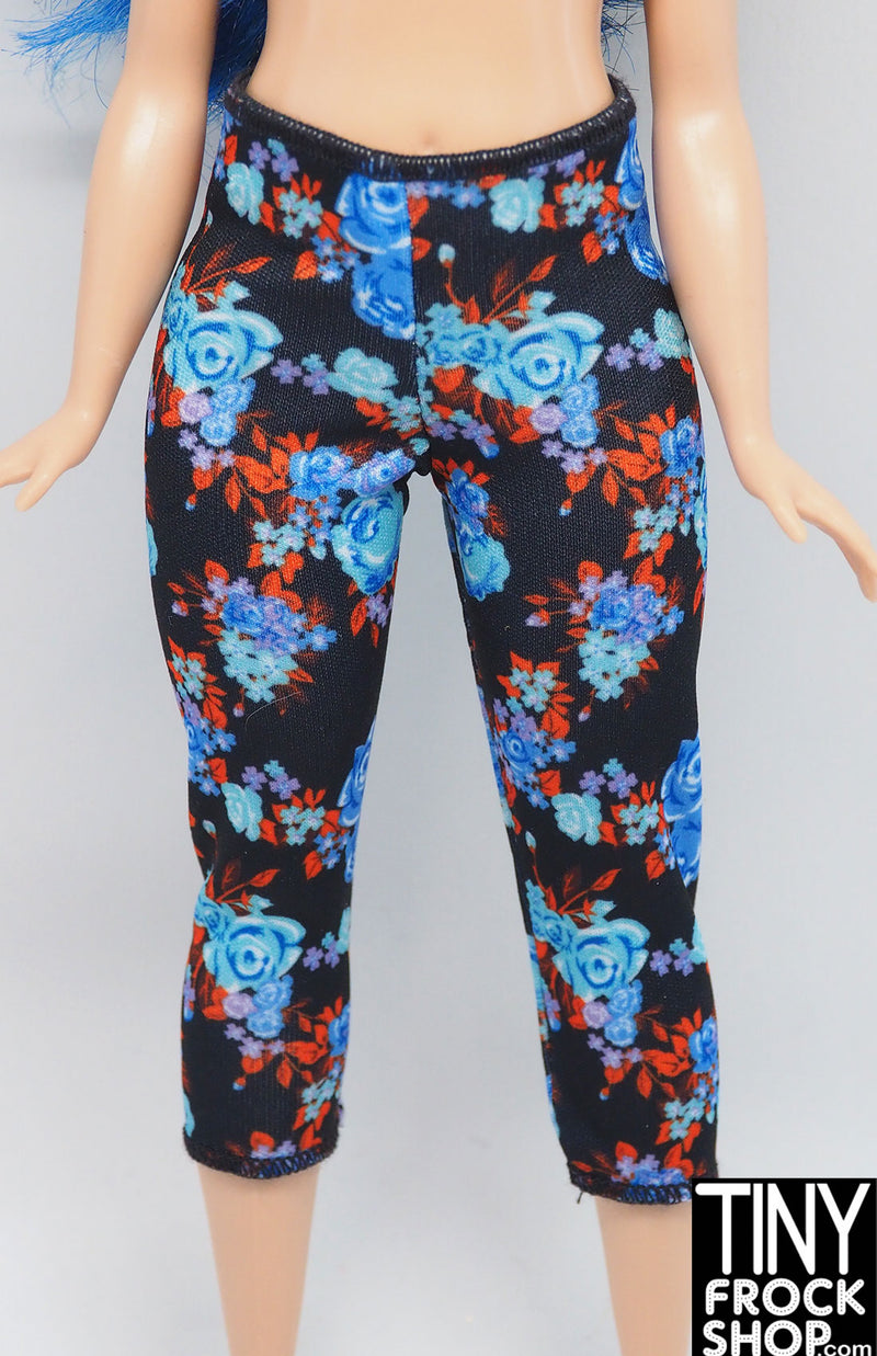 12" Fashion Doll Curvy Blue Cabbage Rose Black Capri Leggings