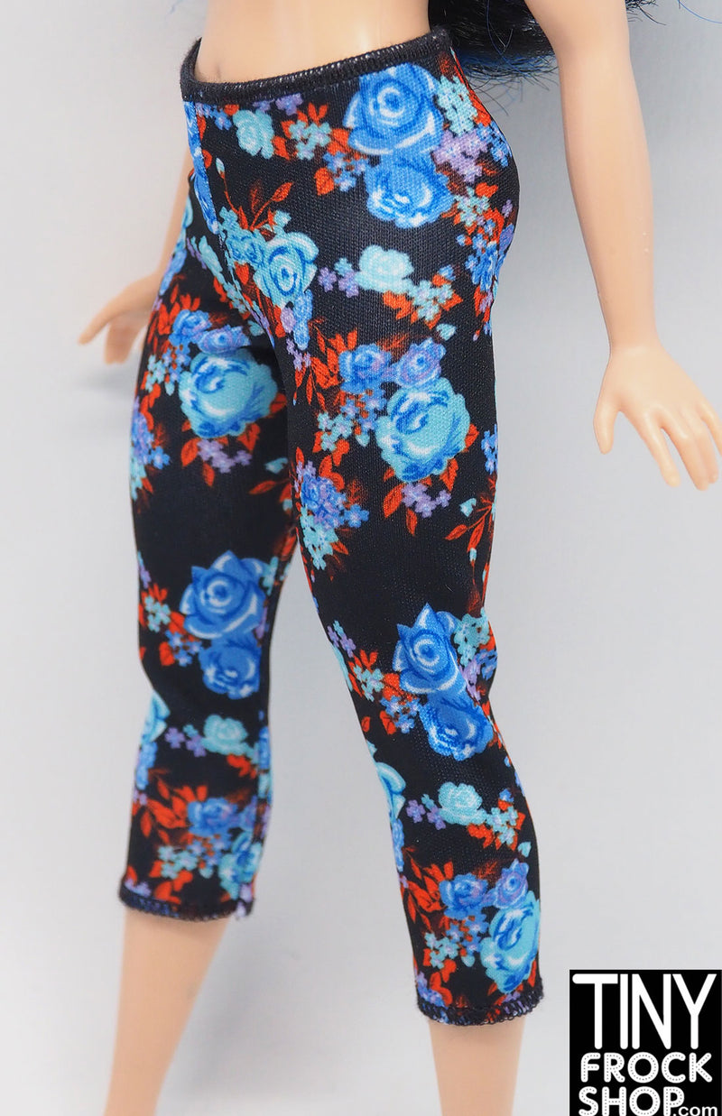 12" Fashion Doll Curvy Blue Cabbage Rose Black Capri Leggings