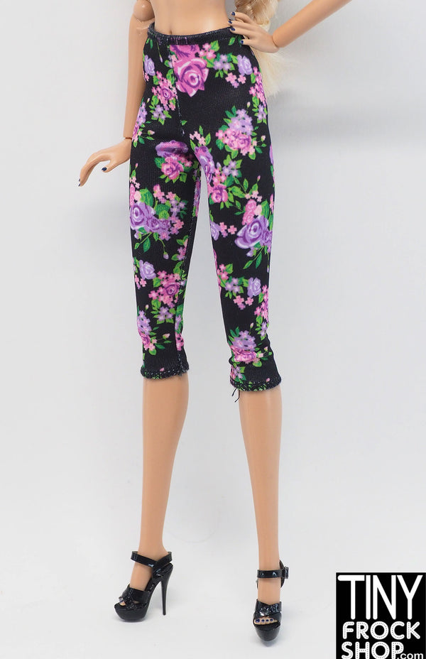 12" Fashion Doll Purple Cabbage Rose Black Capri Leggings