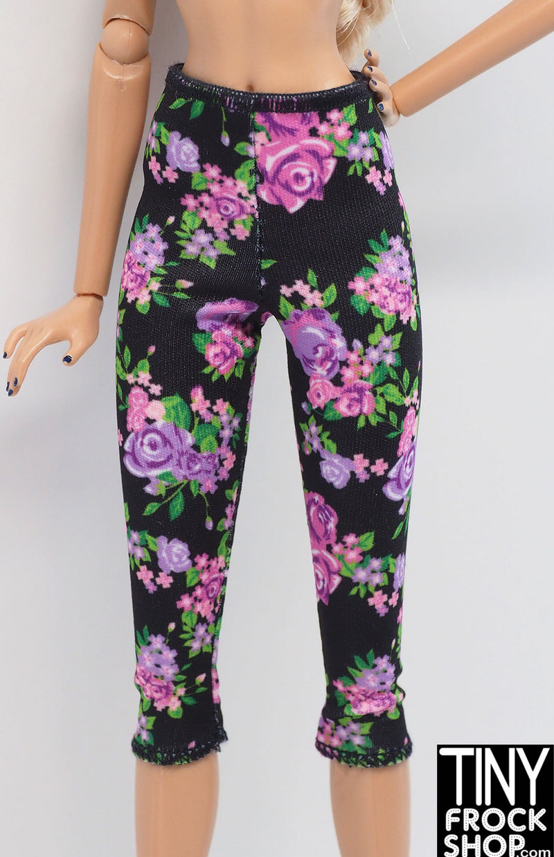 12" Fashion Doll Purple Cabbage Rose Black Capri Leggings