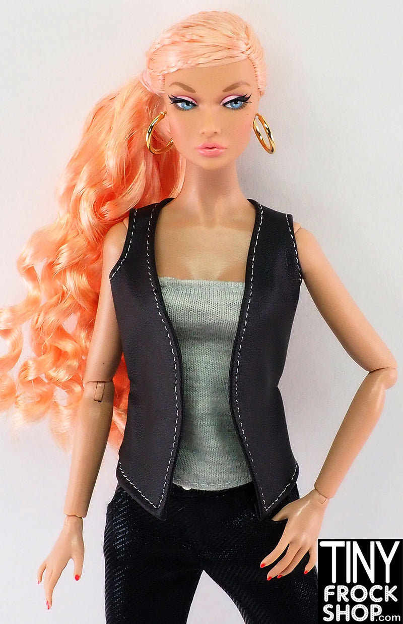 12" Fashion Doll Black Vinyl Vest and Grey Tee Two For Top