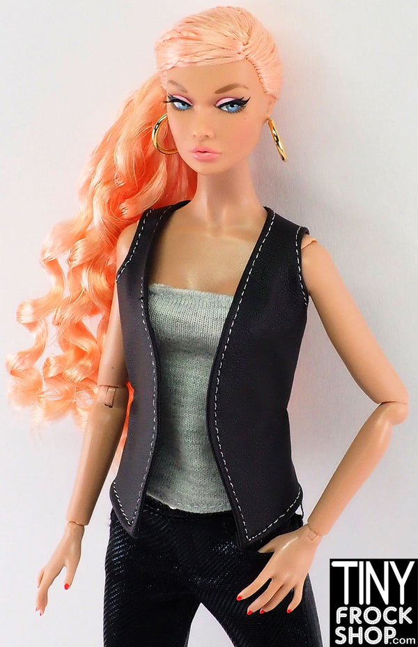 12" Fashion Doll Black Vinyl Vest and Grey Tee Two For Top