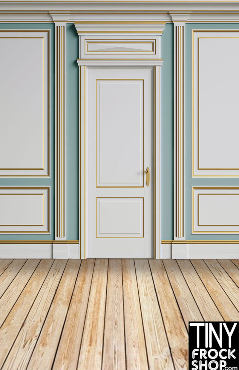 A-430 12" Fashion Doll Photography Backdrop - Wide - Blue and Gold Doorway