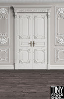A-438 12" Fashion Doll Photography Backdrop - Wide - Grey Wainscotting Door
