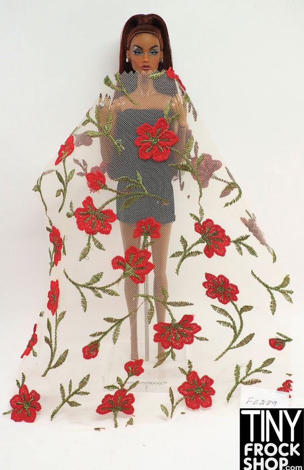 12" Fashion Doll F0289 Red Flowers on Sheer Fabric