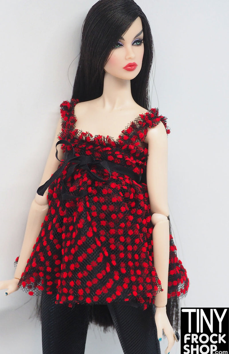 Integrity A Fashionable Legacy Violaine Perrin Red and Black Flocked Dot Babydoll Dress