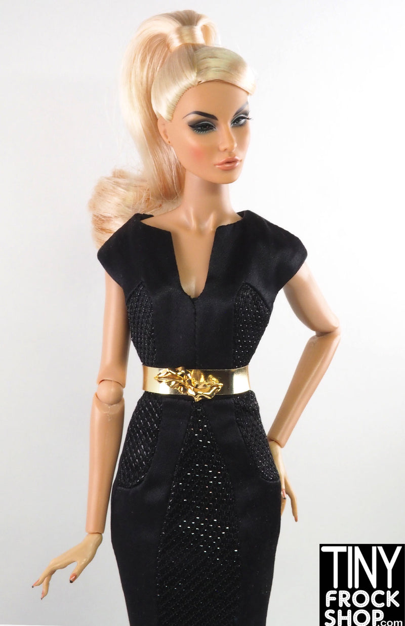 black dress with gold belt Tiny Frock Shop Integrity As Dusk Falls Eugenia Pieced Black Gown with Gold Belt