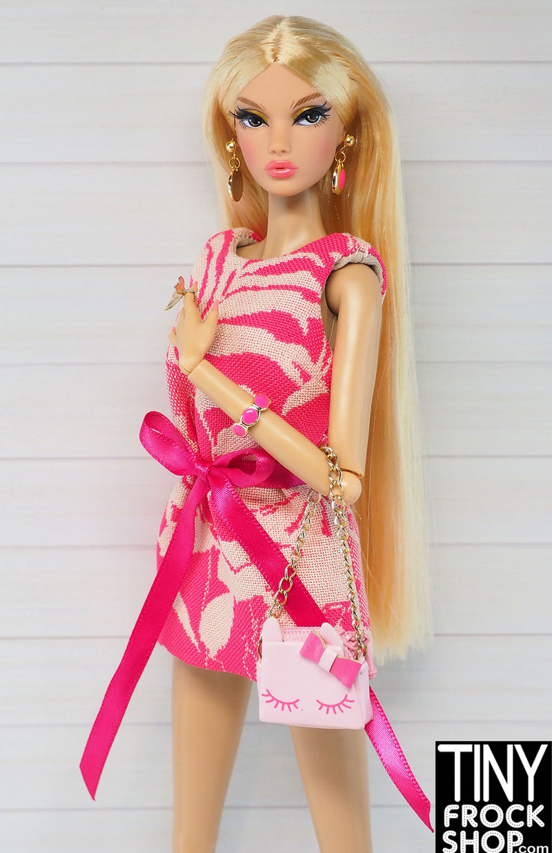 TINY FROCK - OOAK 60s Mod Pink Jacquard Shift Dress with Pink Bow Belt