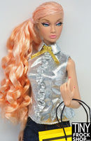12" Fashion Doll Silver Lame Ruffle Top with Gold Bow - Tiny Frock Shop
