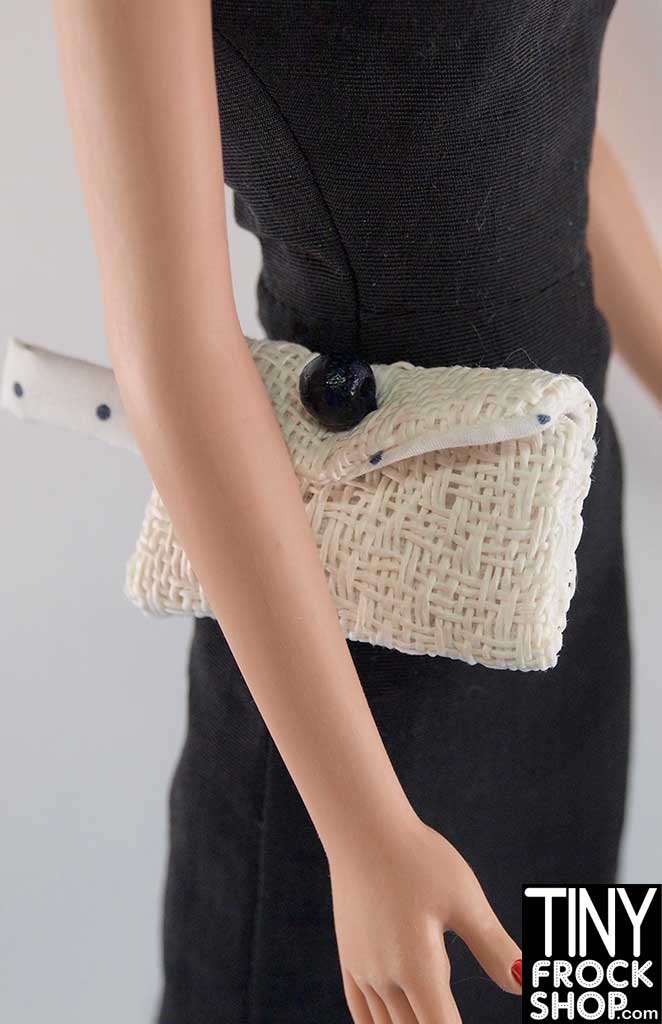 16 Inch Doll Crosshatch White And Navy Clutch Handbag