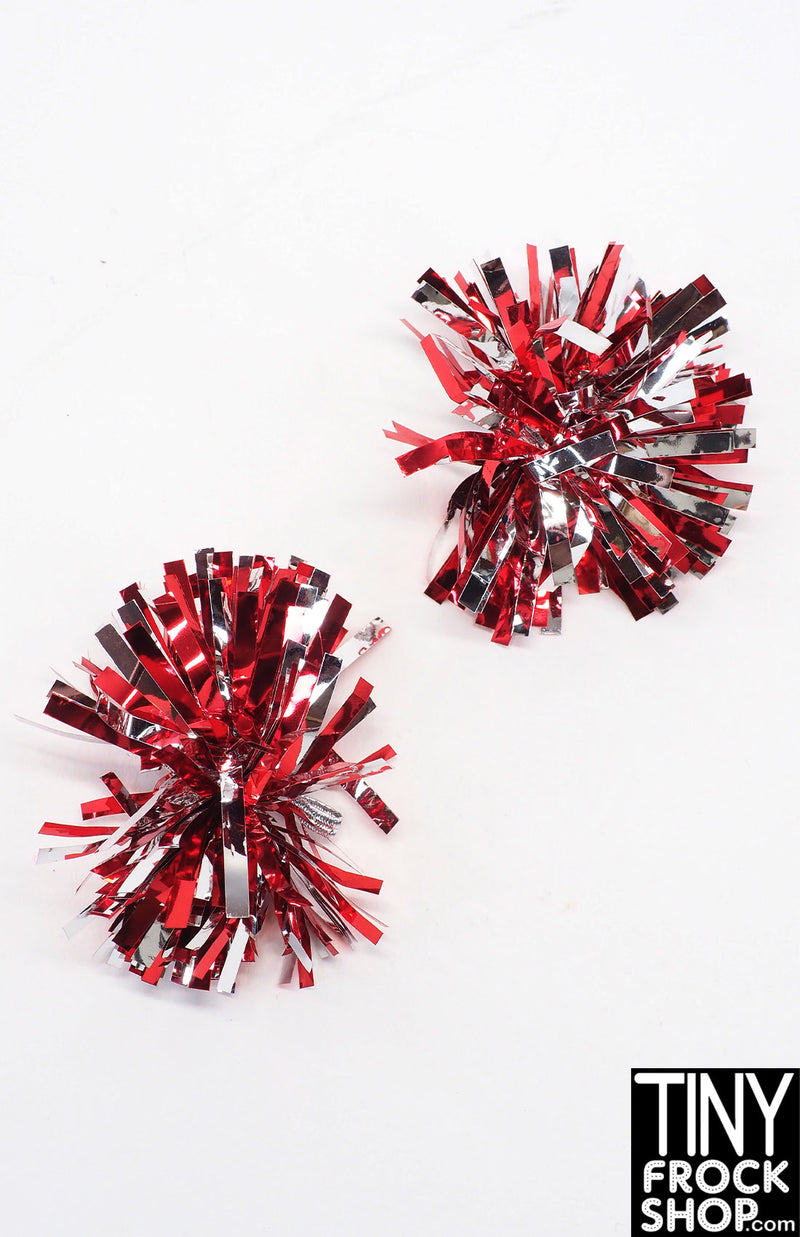 12" Fashion Doll Pair of Red and Silver Foil Pom Poms