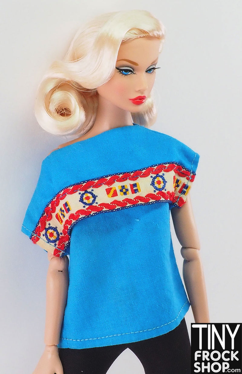 12" Fashion Doll Cotton Turquoise Top with Nautical Trim
